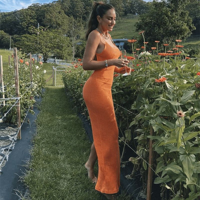 Sleeveless Backless Ribbed Knit High Slit Bodycon Maxi Dress
