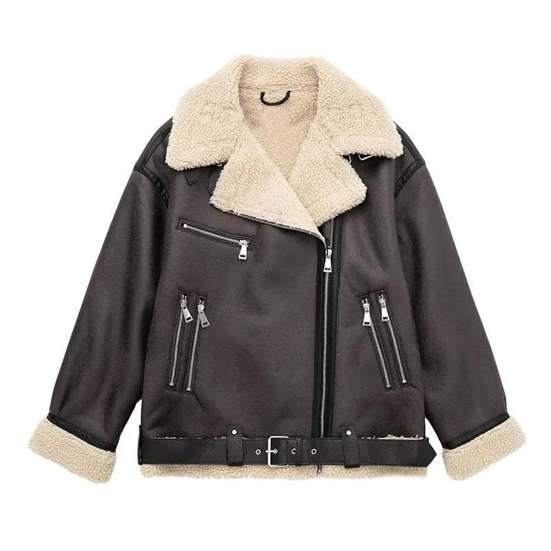 Brown Faux Shearling Lapel Leather Aviator Jacket