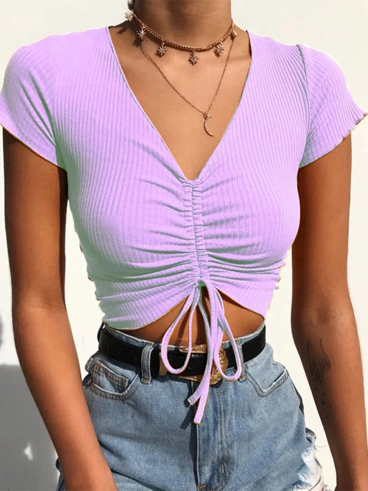 VNeck Drawstring Ribbed Crop Top