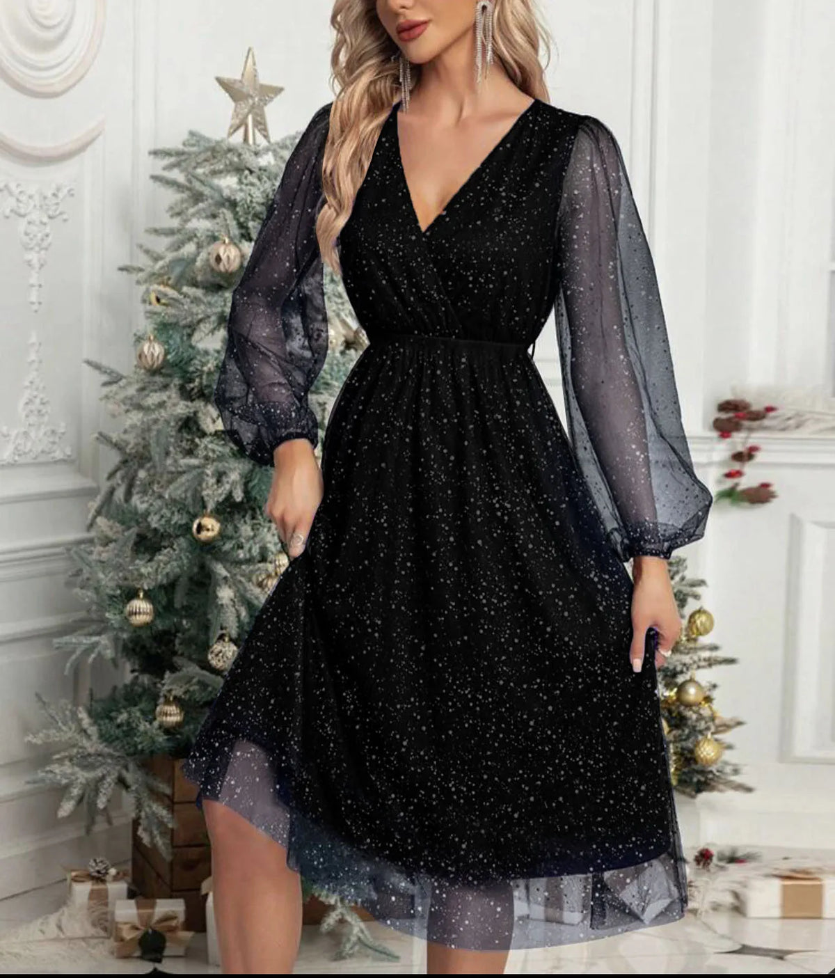 V-Neck Glitter Mesh Sheer Long Sleeve A-Line Midi Dress 2