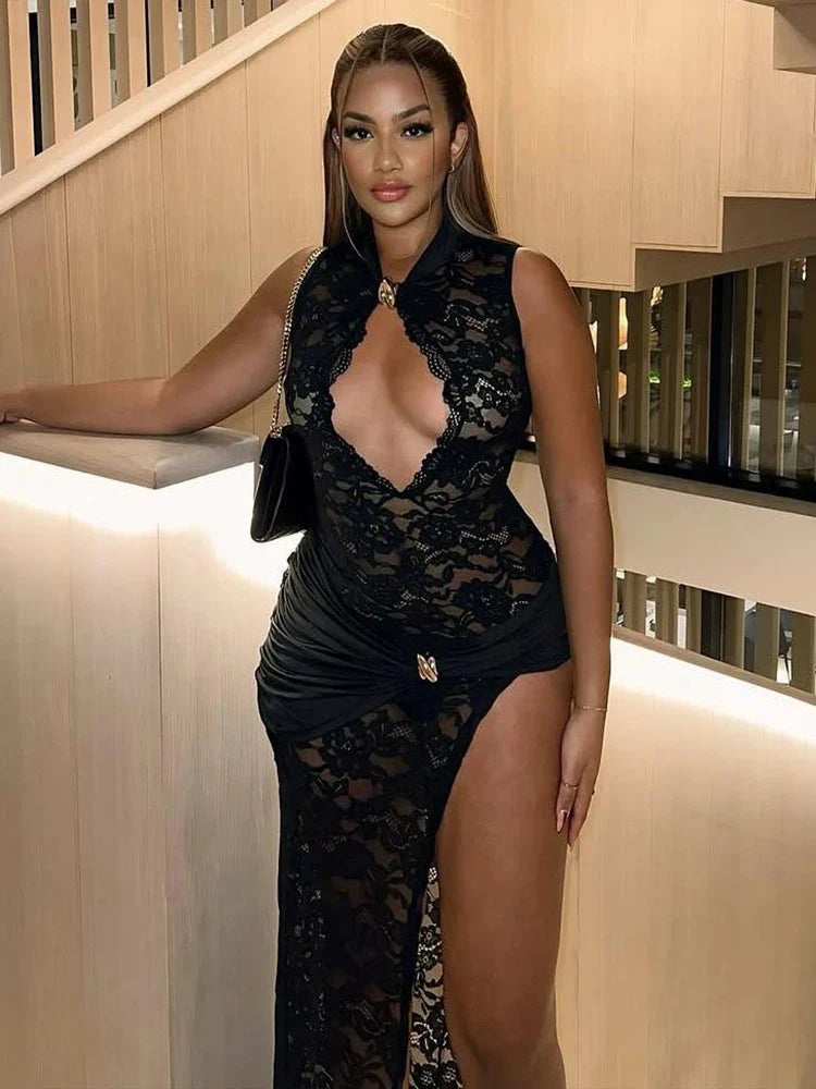 Lace Stretch Graphic Slit Maxi Dress
