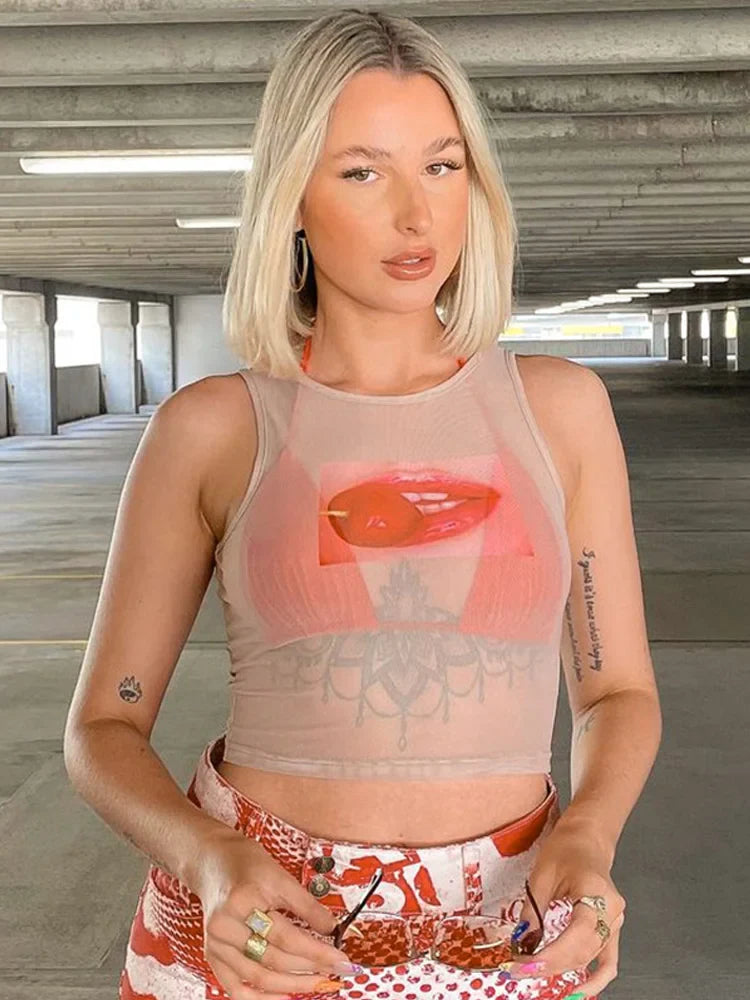 Sleeveless Cute ONeck Sheer Top