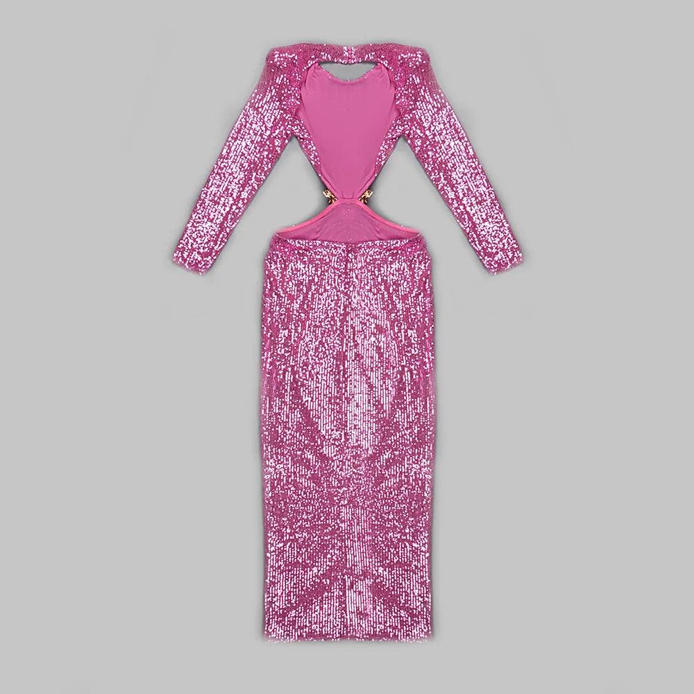 Round Neck Long Sleeve Sequin Cutout Rose Applique Maxi Dress
