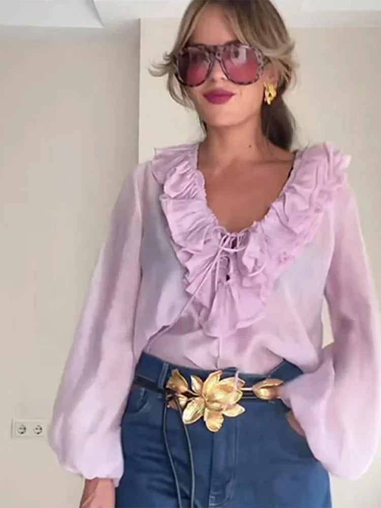 Women Ruffles Lace Up White Vneck Flared Blouse