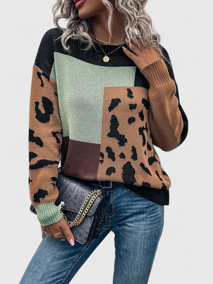 Round Neck Colorblock Leopard Panel Knit Sweater 6
