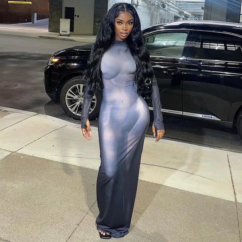 Blue Mock Neck Body Print Long Sleeve Bodycon Maxi Dress