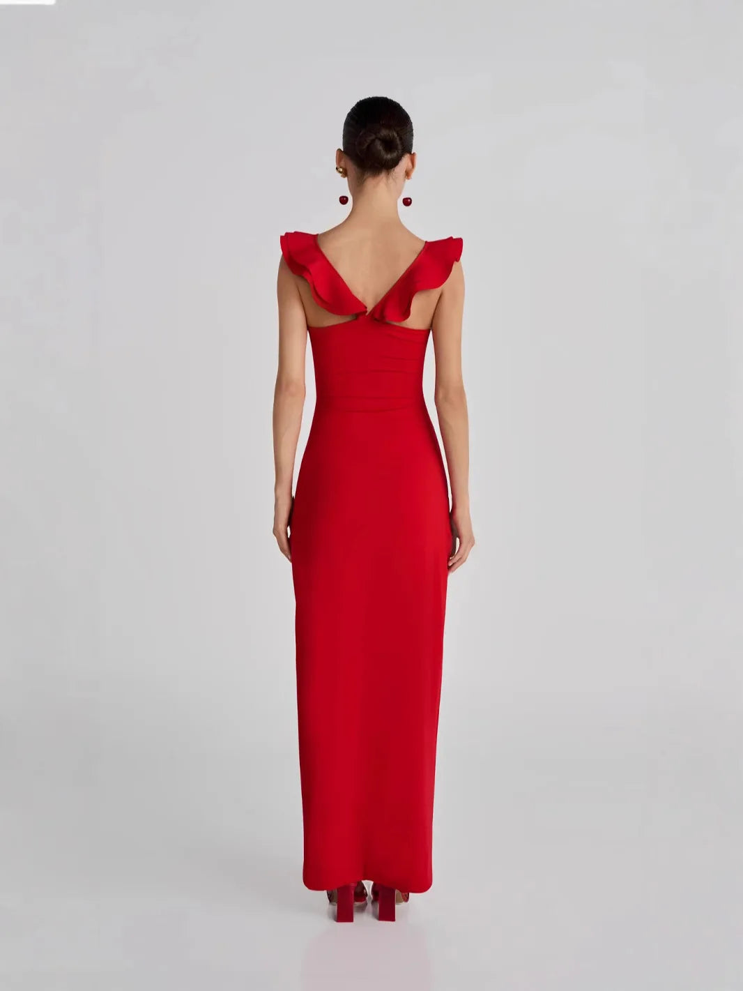 Red Flower Ruffles Strap Maxi Dress