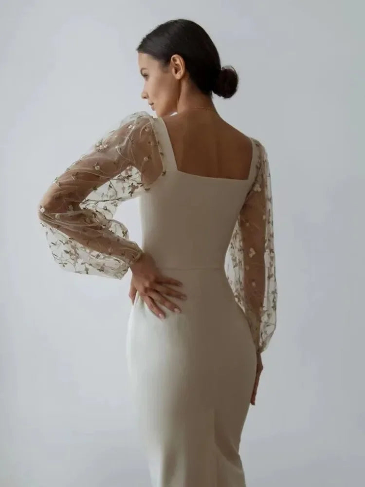 Selena Aesthetic Evening and Party Dress with Square Neckline and Long Sleeves Premium Wardrobe Essential