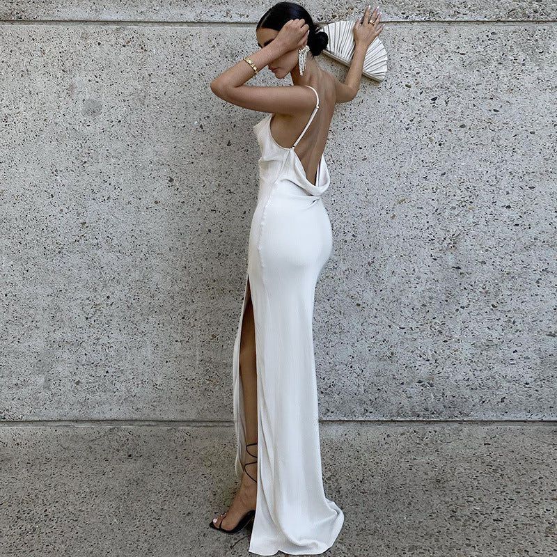 White Spaghetti Strap Satin Cowl Neck High Slit Maxi Gown
