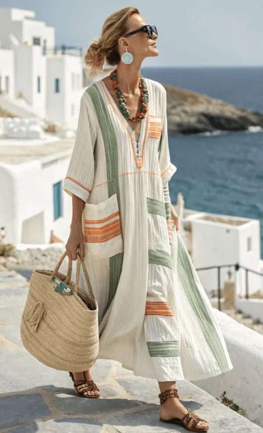V-Neck Striped Linen Patch Pocket Half Sleeve Kaftan Maxi Dress 7