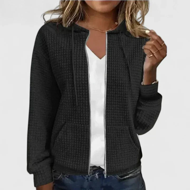 Hooded Waffle Knit Zip Front Drawstring Long Sleeve Hoodie Jacket