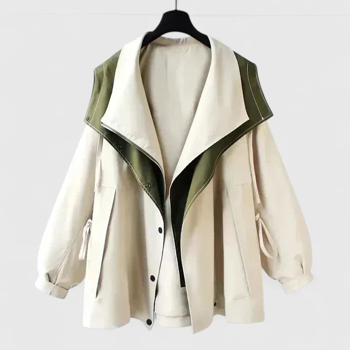Oversized Lapel Collar Contrast Zip-Up Drawstring Jacket