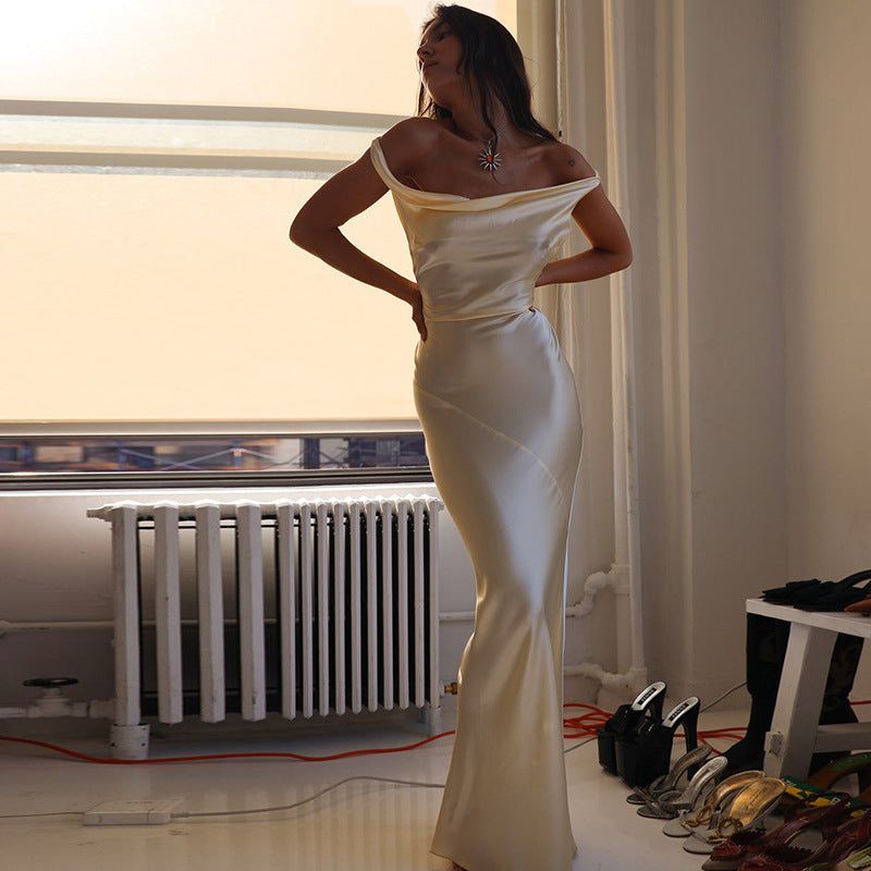 Beige Cowl Neck Plunging Back Satin Slip Maxi Dress