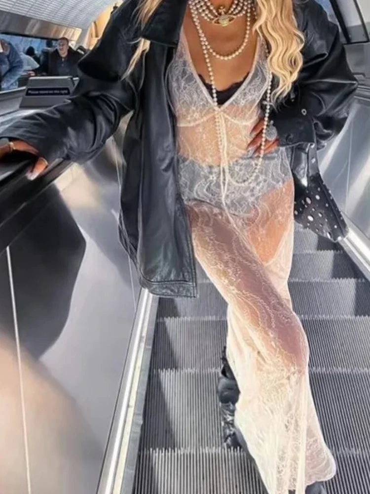 Floral Sheer VNeck Streetwear Lace Dress