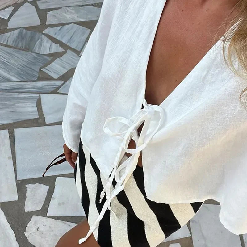 Loose Laceup Bow Vneck Flare Sleeve Blouse