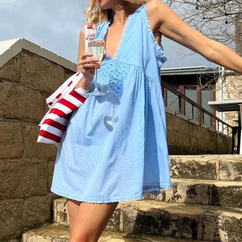 Lace Trim V Neck Flowy ALine Mini Dress