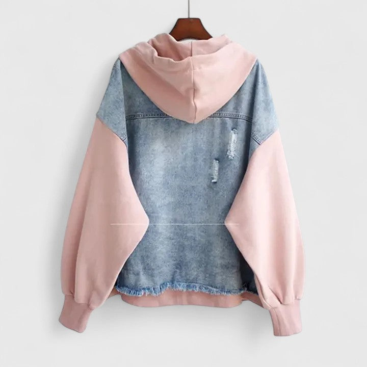 Hooded Denim Contrast Sleeve Zip Front Pocket Jacket 3