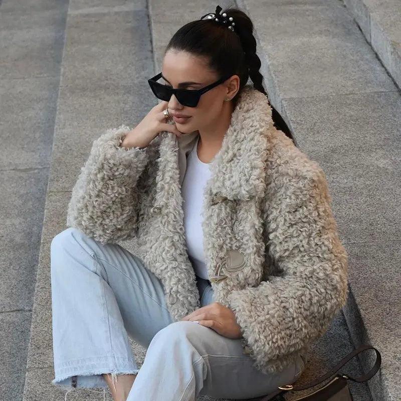 Beige Lapel Collar Fuzzy Faux Fur Plush Cropped Jacket 4