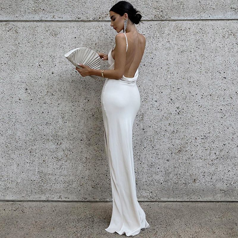 White Spaghetti Strap Cowl Neck Satin High Slit Bodycon Maxi Dress