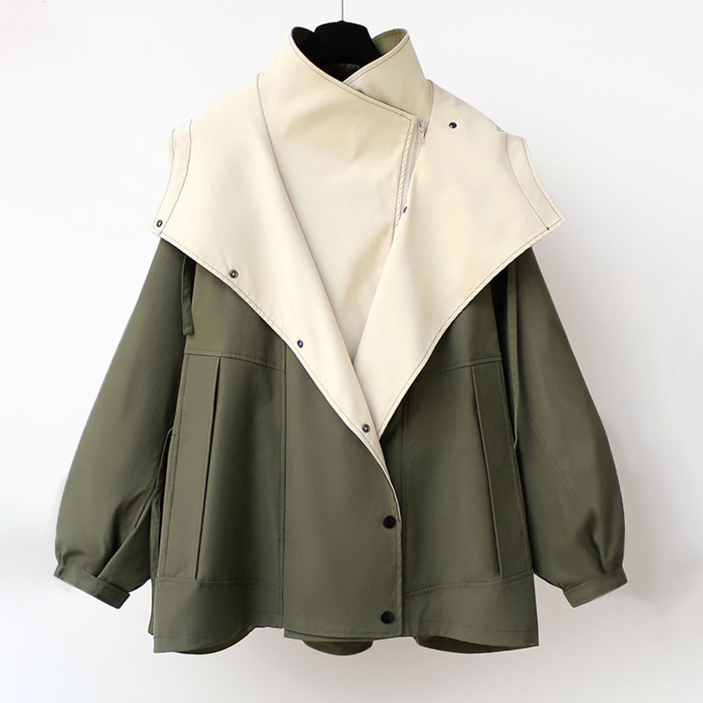 Oversized Lapel Collar Contrast Zip-Up Drawstring Jacket