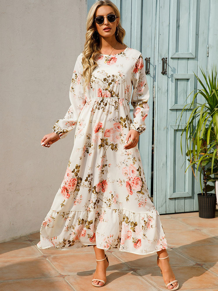Casual Coastal Long Bohemian Flowered Dress S / White Dresses