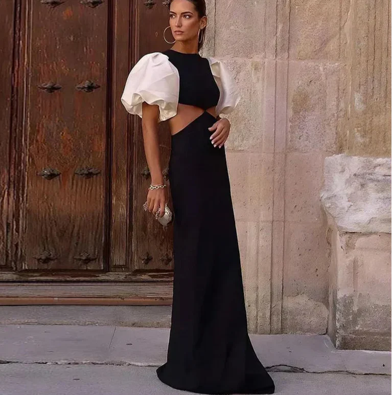 Patchwork Puff Sleeve Hollow Out Long Dress