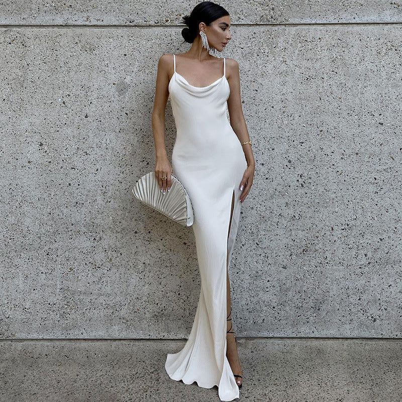 White Spaghetti Strap Satin Cowl Neck High Slit Maxi Gown