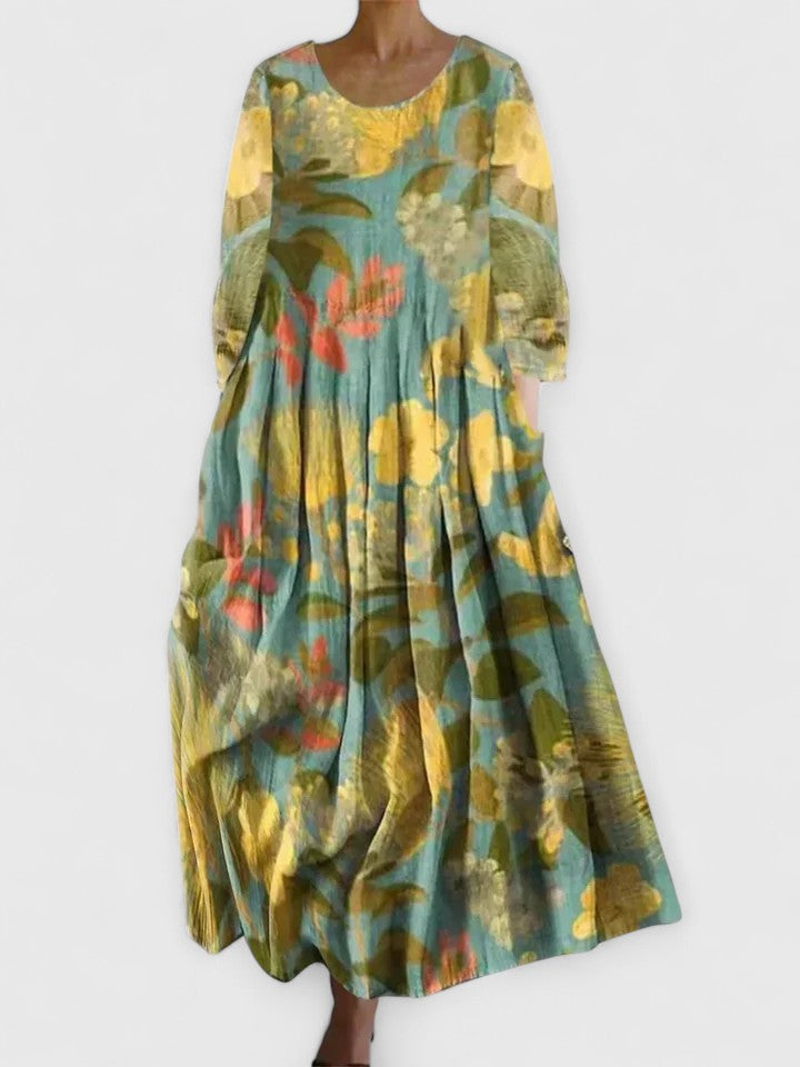 Round Neck Three-Quarter Sleeve Botanical Floral Print Cocoon Midi Dress