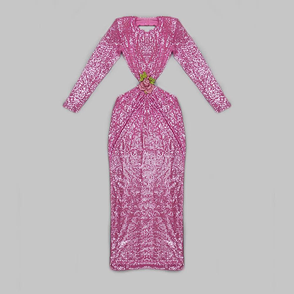 Round Neck Long Sleeve Sequin Cutout Rose Applique Maxi Dress