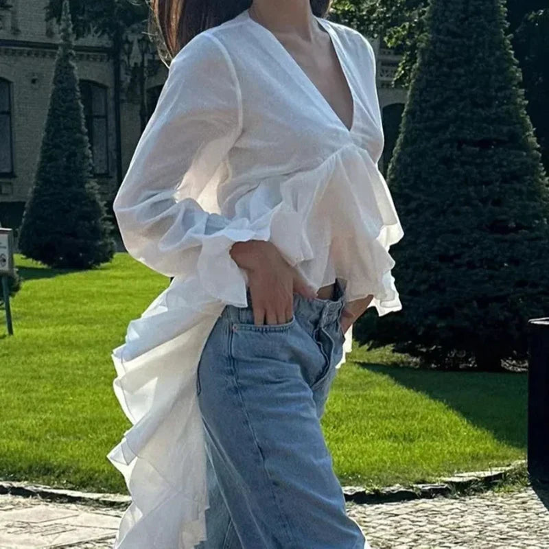 Ruffles Vneck Long Sleeve Casual Blouse
