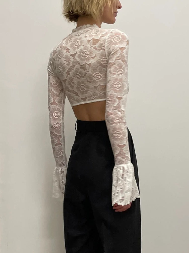 Long Sleeve Lace Charming Mesh Crop Top