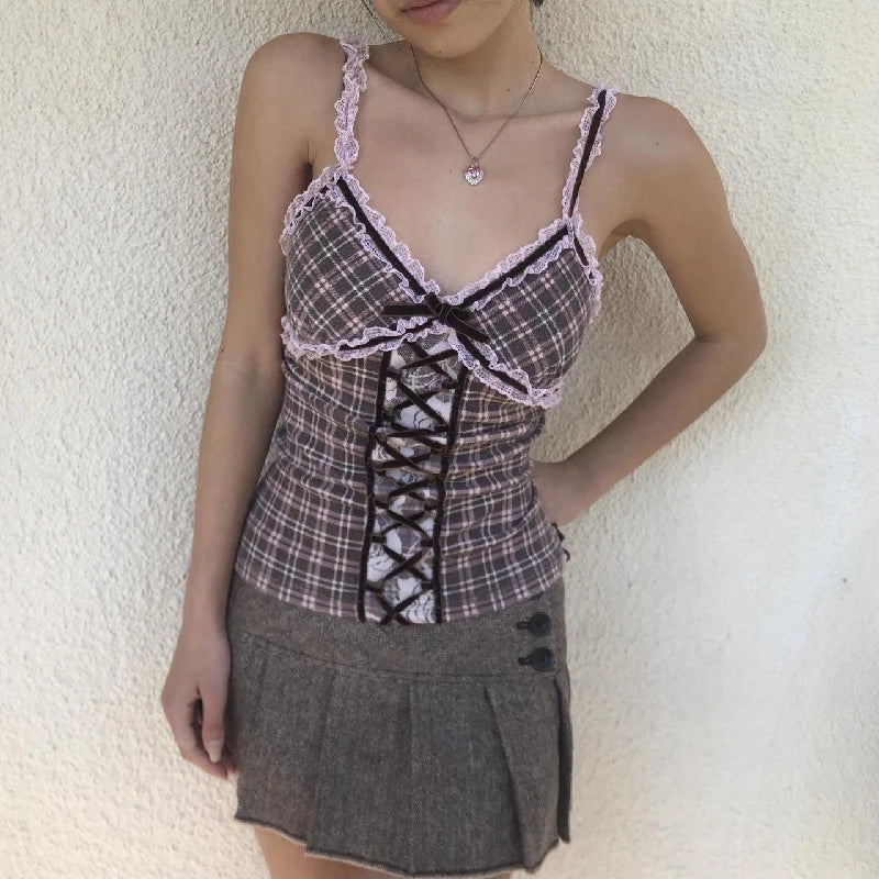 Patchwork Plaid Lace Vneck Cami Top