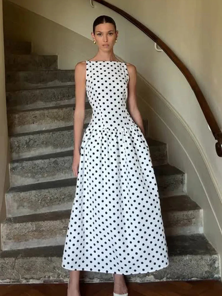 Polka Dot Square Neck Lotus Hem Silk Dress