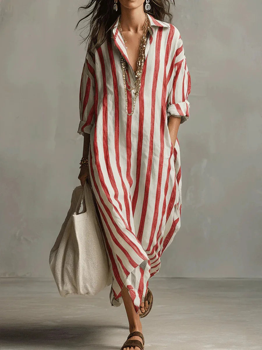 Collared Striped Long Sleeve Oversized Shirt Maxi Dress 6