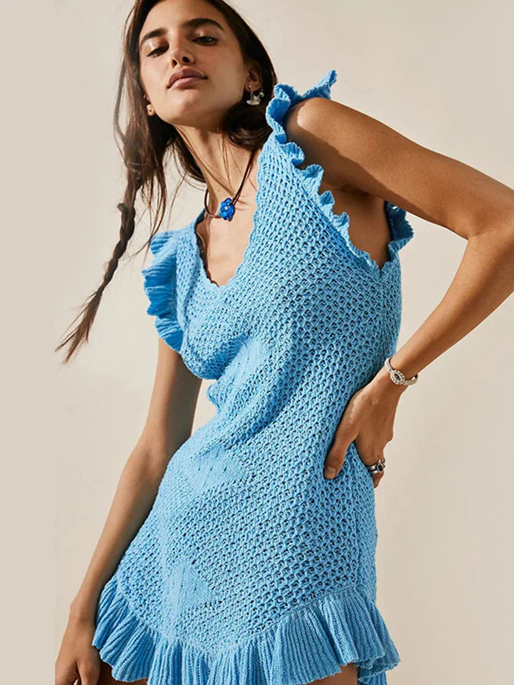 Ruffled Crochet Hollow Out Knit Beach Mini Dress