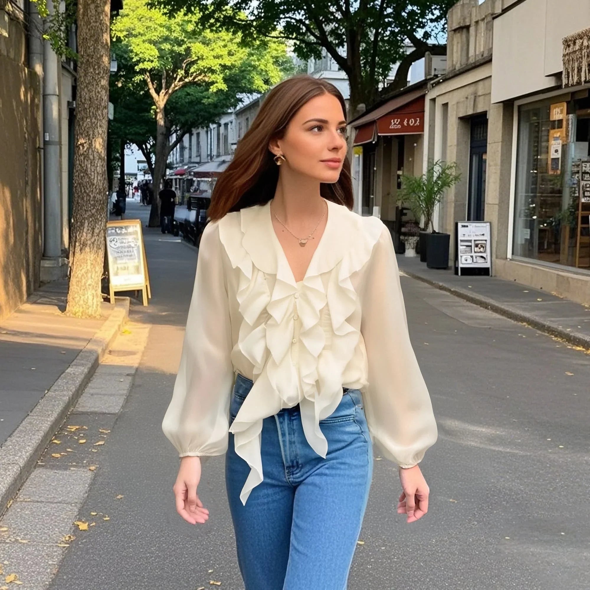 Longsleeved Vneck Ruffled Puffy Sleeve Blouse