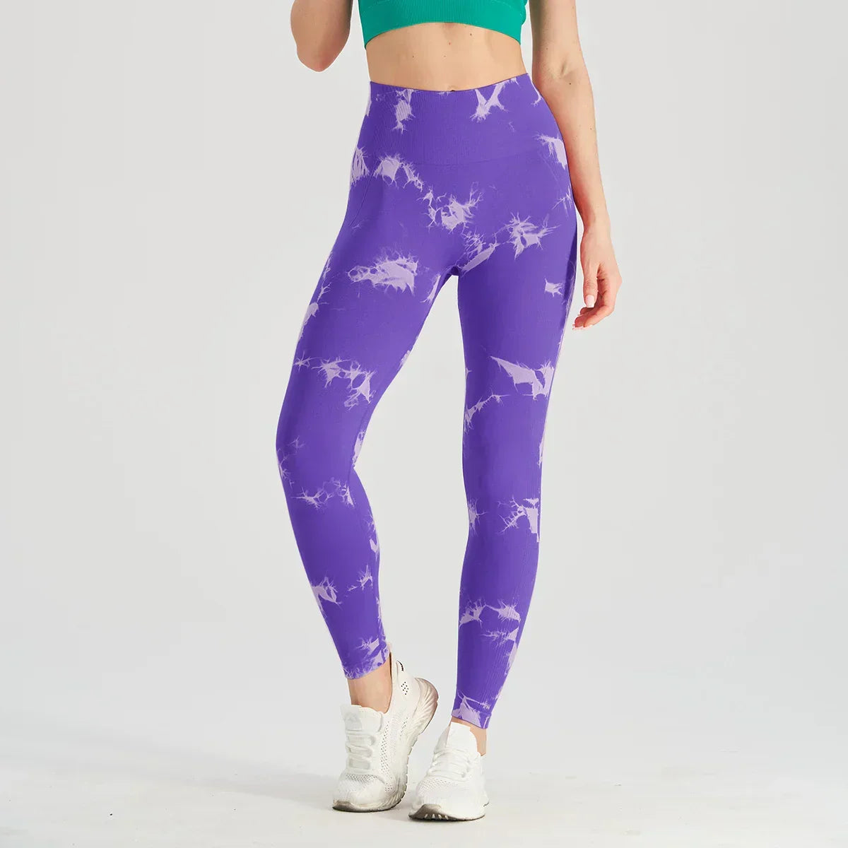 Tie Dye Waist Tummy Control Seamless Push Up Yoga Legging White Purple / S