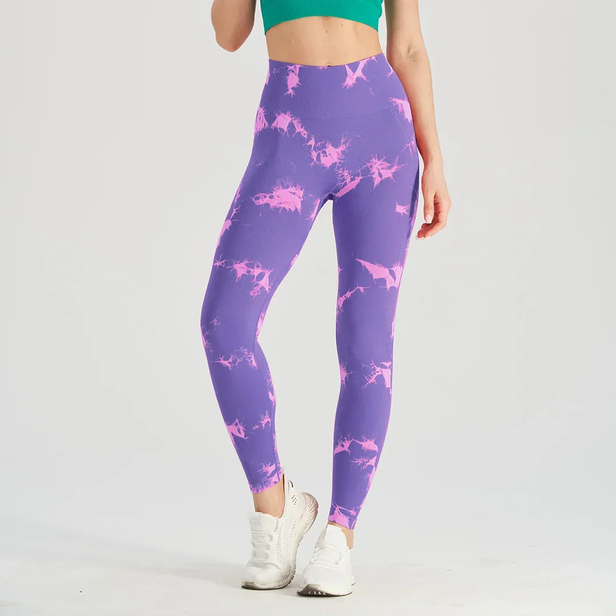 Tie Dye Waist Tummy Control Seamless Push Up Yoga Legging Pink Purple / S