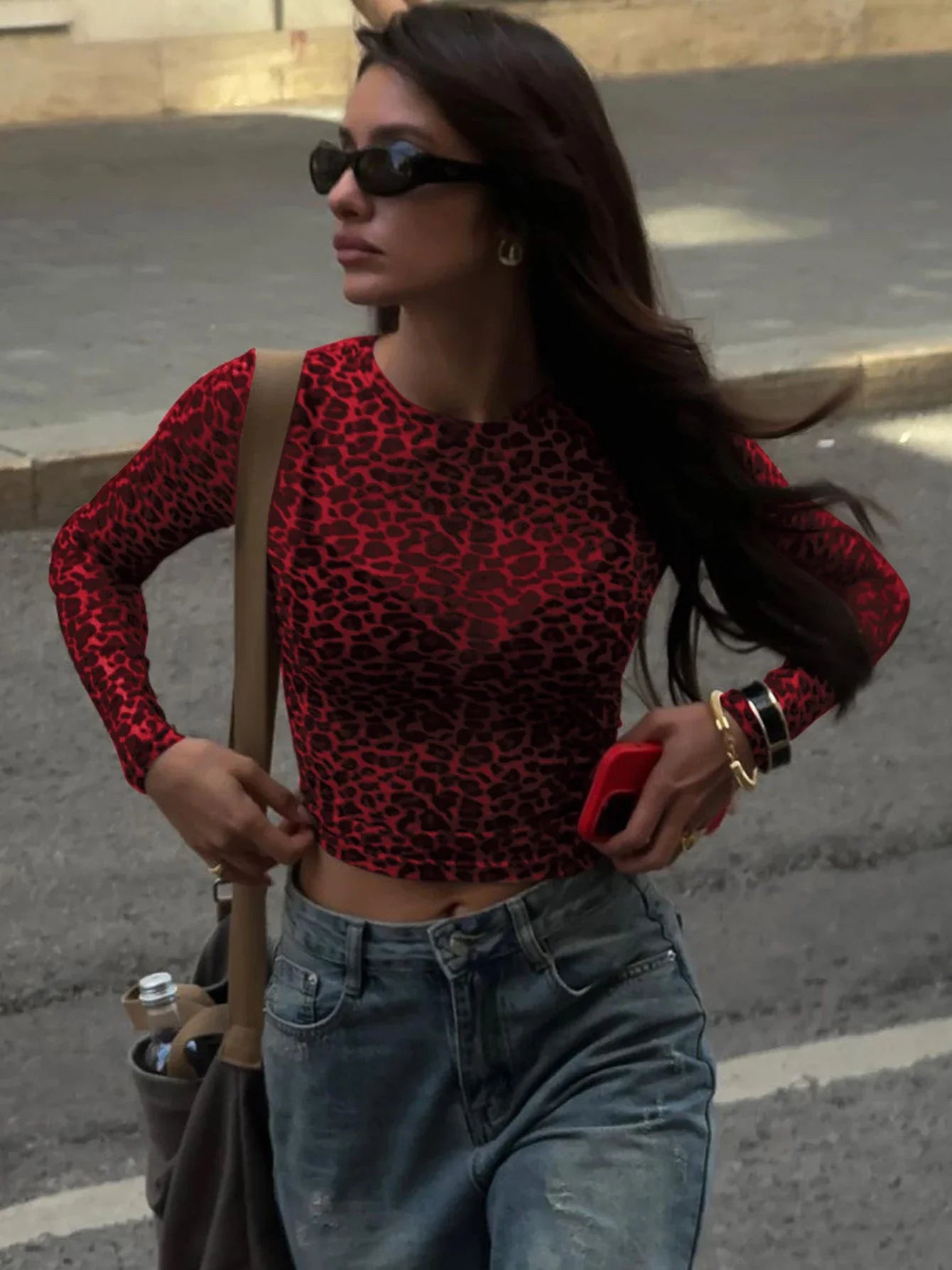 Leopard Printed Mesh Bodycon Long Sleeve Sheer Top