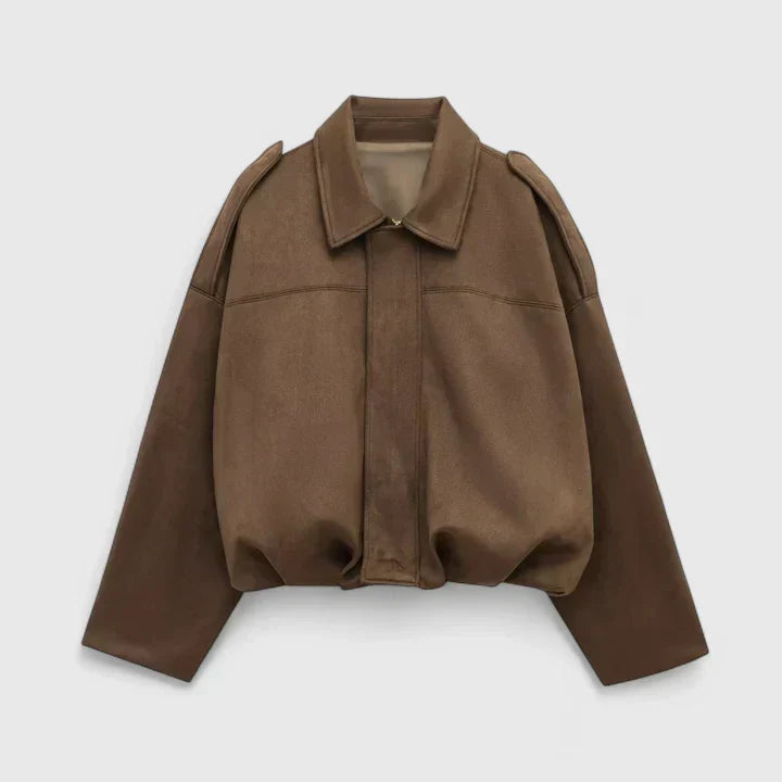 Collared Suede Zip Front Drop Shoulder Oversized Jacket