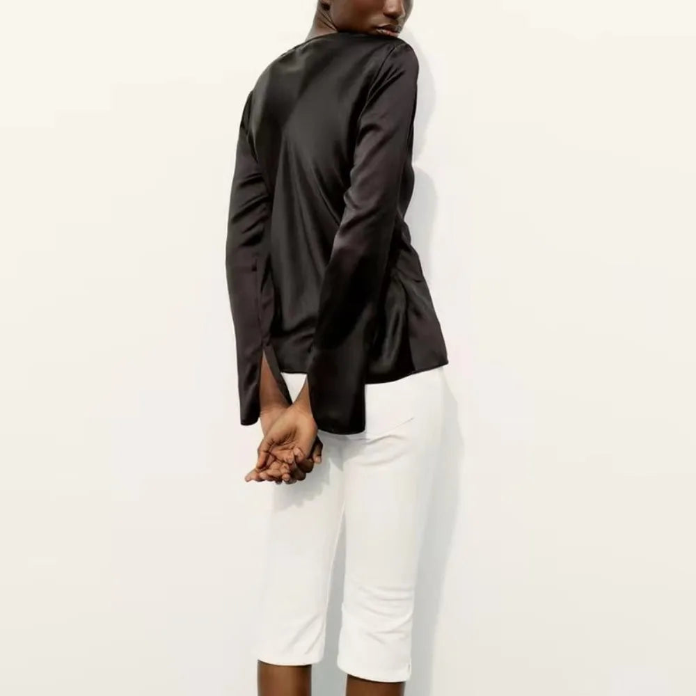 Women's Fashion Vneck Tie Up Bow Silk Satin Blouse