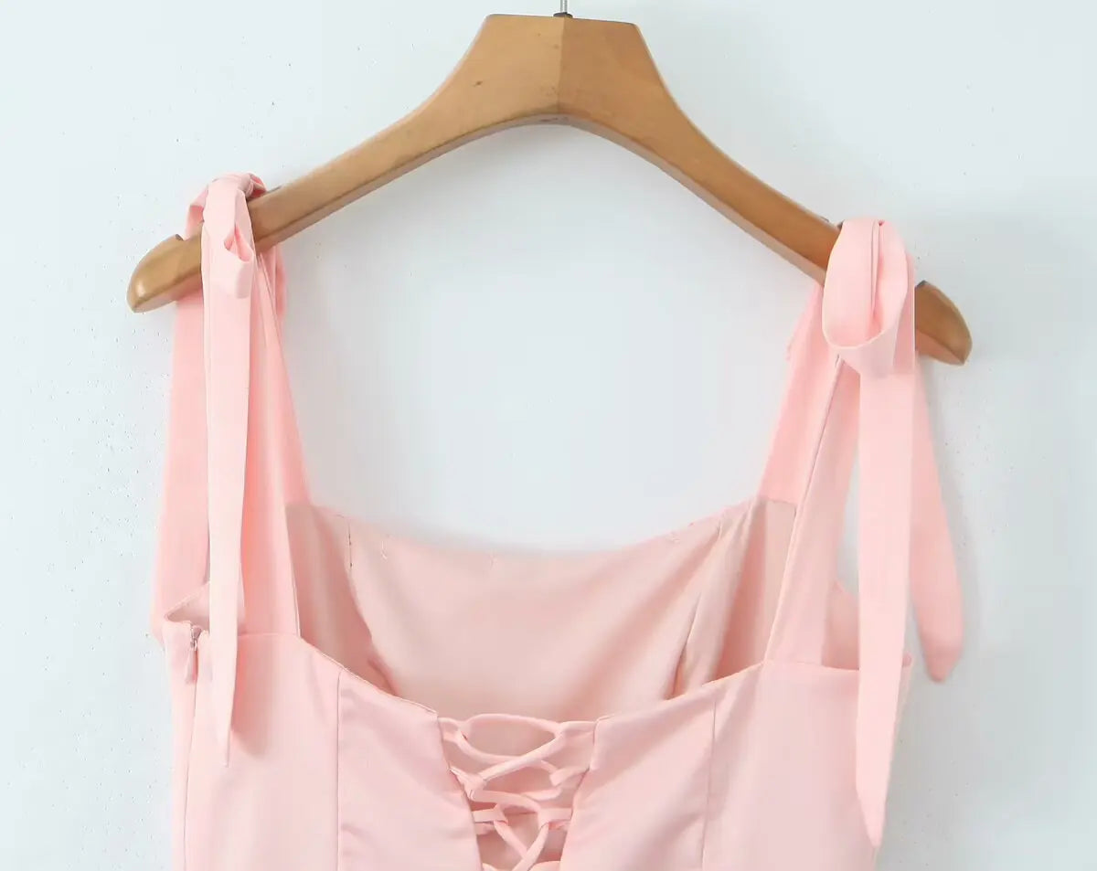 2025 Pleated Design Tie up Sleeveless Summer Dresses Women Solid Color Slim Fit Mini Dress Simple Fashion Party Dress