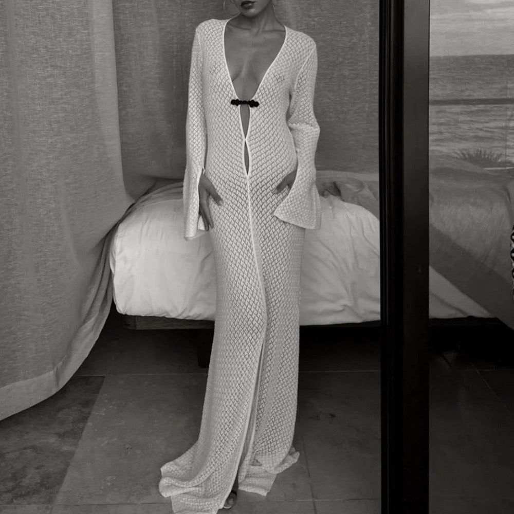 White V-Neck Pointelle Crochet Knit Long Bell Sleeve Maxi Dress