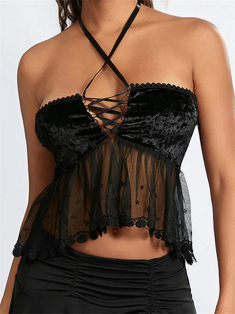 Sexy Women Mesh Patchwork CrissCross TieUp Halter Backless Vest Summer Sleeveless Cropped Clubwear Crop Top
