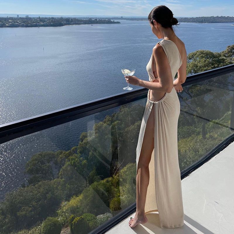 Beige One Shoulder O-Ring Cutout High Slit Maxi Dress