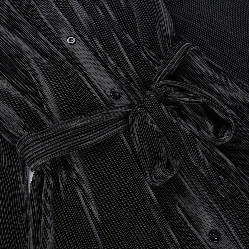 Collared Button Up Pleated Long Sleeve Shirt Mini Dress 13
