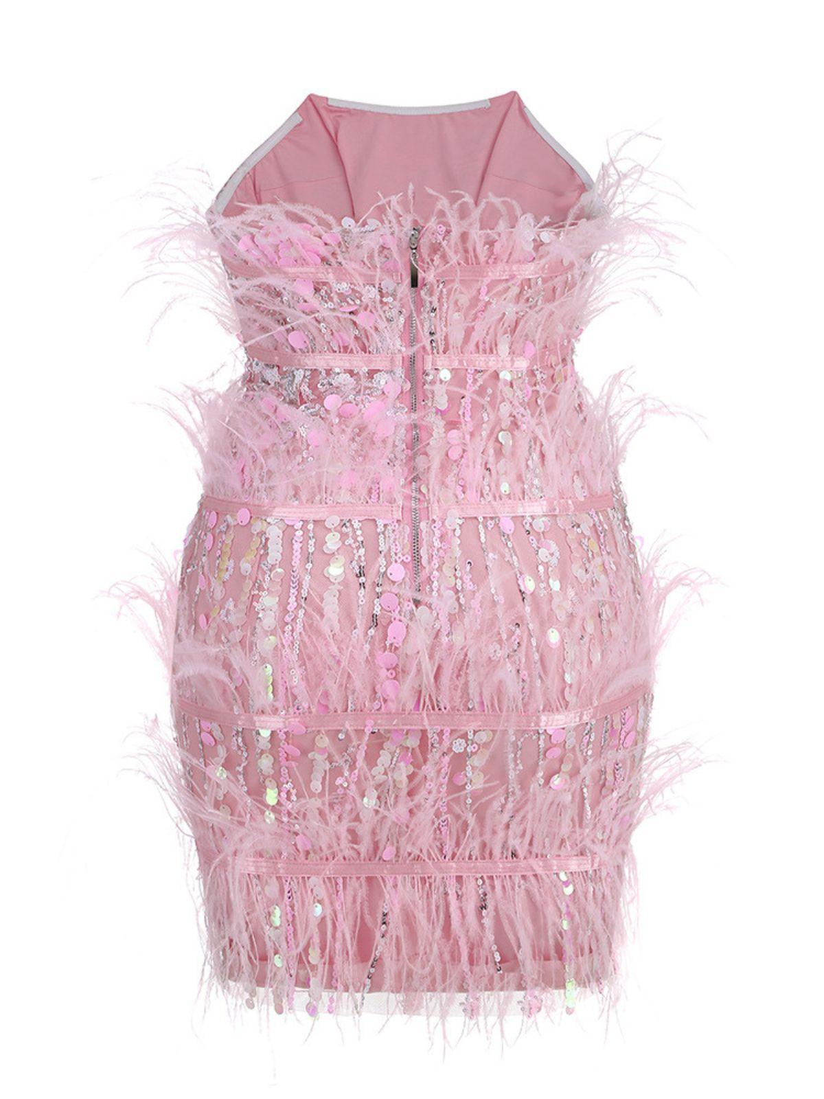 Strapless Sequin Feather Trim Tiered Bodycon Mini Dress
