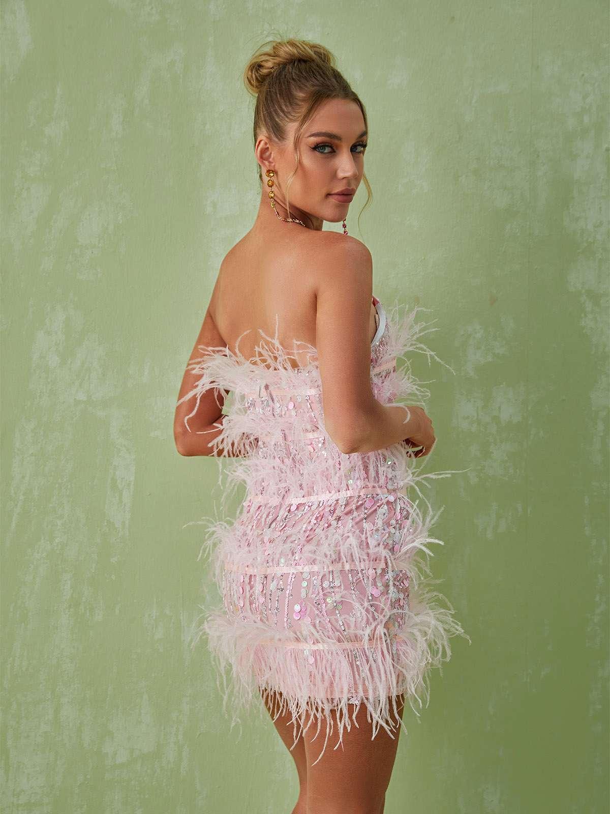 Strapless Sequin Feather Trim Tiered Bodycon Mini Dress