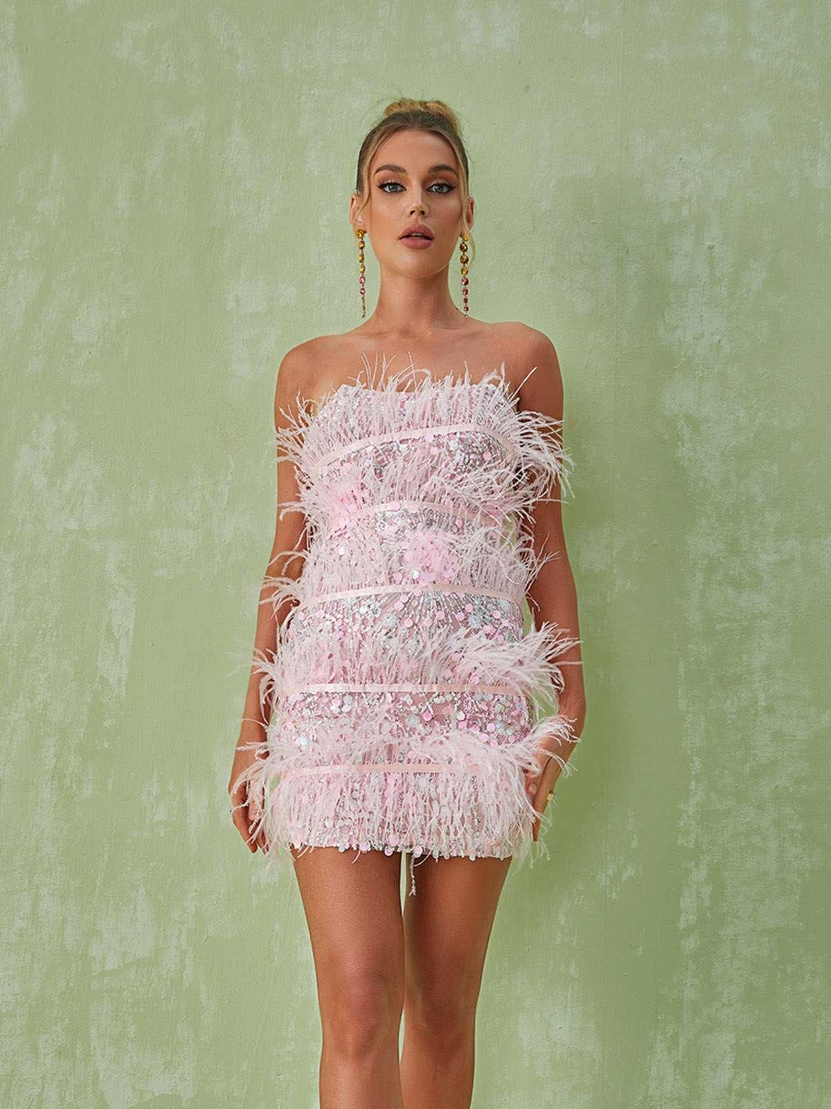 Strapless Sequin Feather Trim Tiered Bodycon Mini Dress