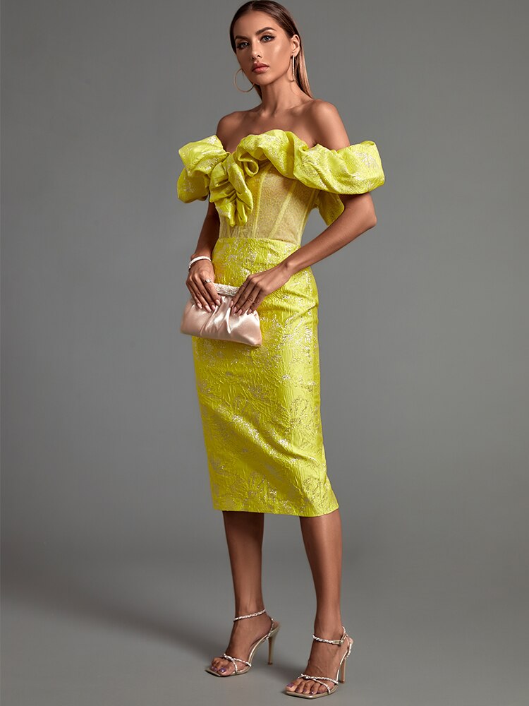 Yellow Bodycon Dress Elegant Sexy Ruffle Club Dress